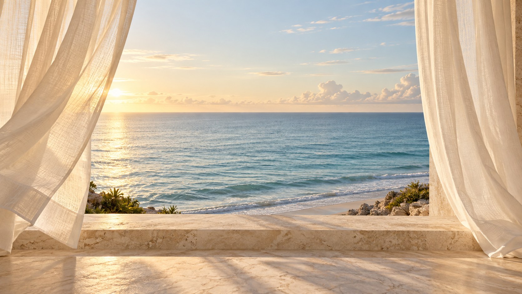 Soft linen curtains opening onto a peaceful ocean horizon