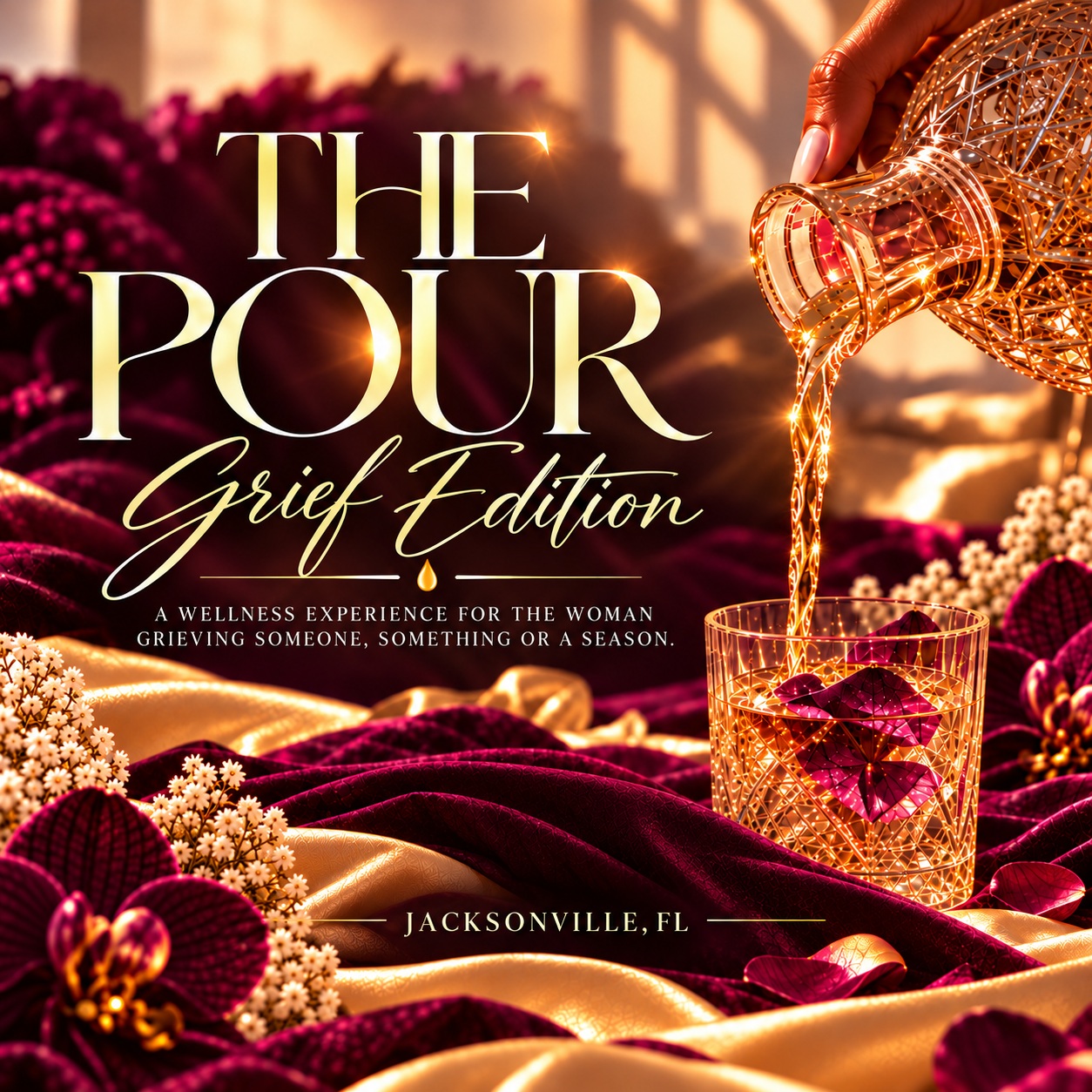 The Pour Grief Edition: a wellness experience for the woman grieving someone, something, or a season, in Jacksonville, Florida. Golden pouring imagery with burgundy flowers.