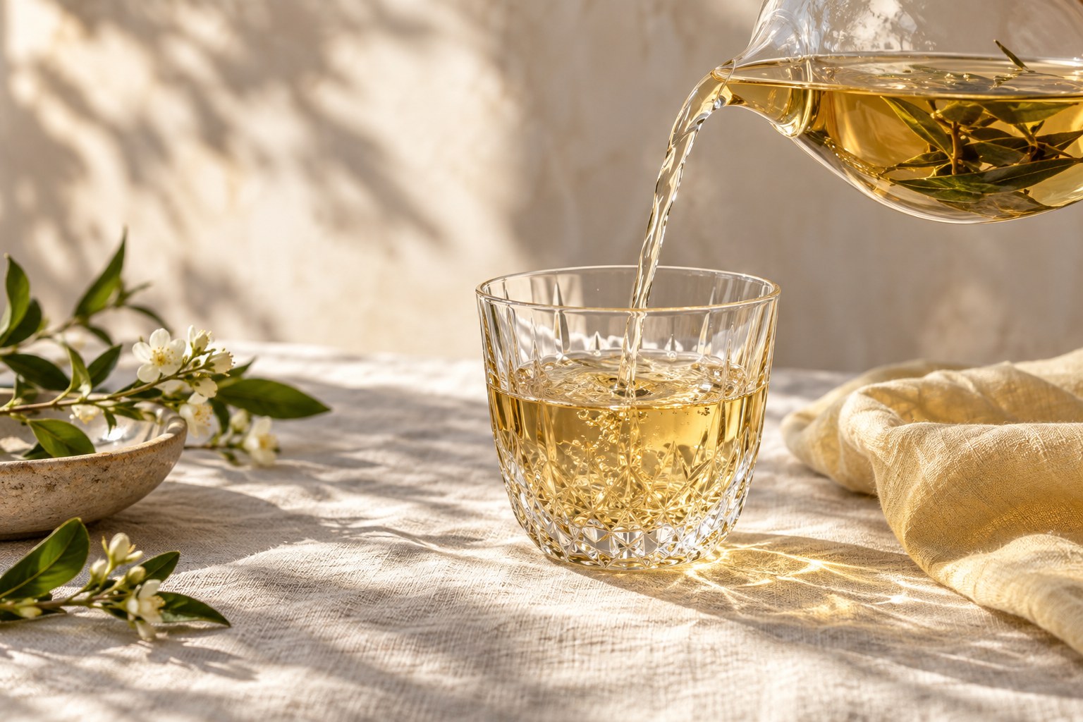 Golden tea being poured from a glass carafe into a crystal glass