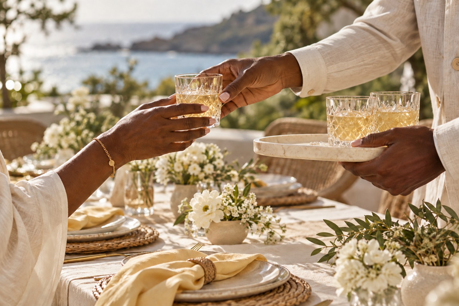 Black hands sharing refreshments with thoughtful hospitality