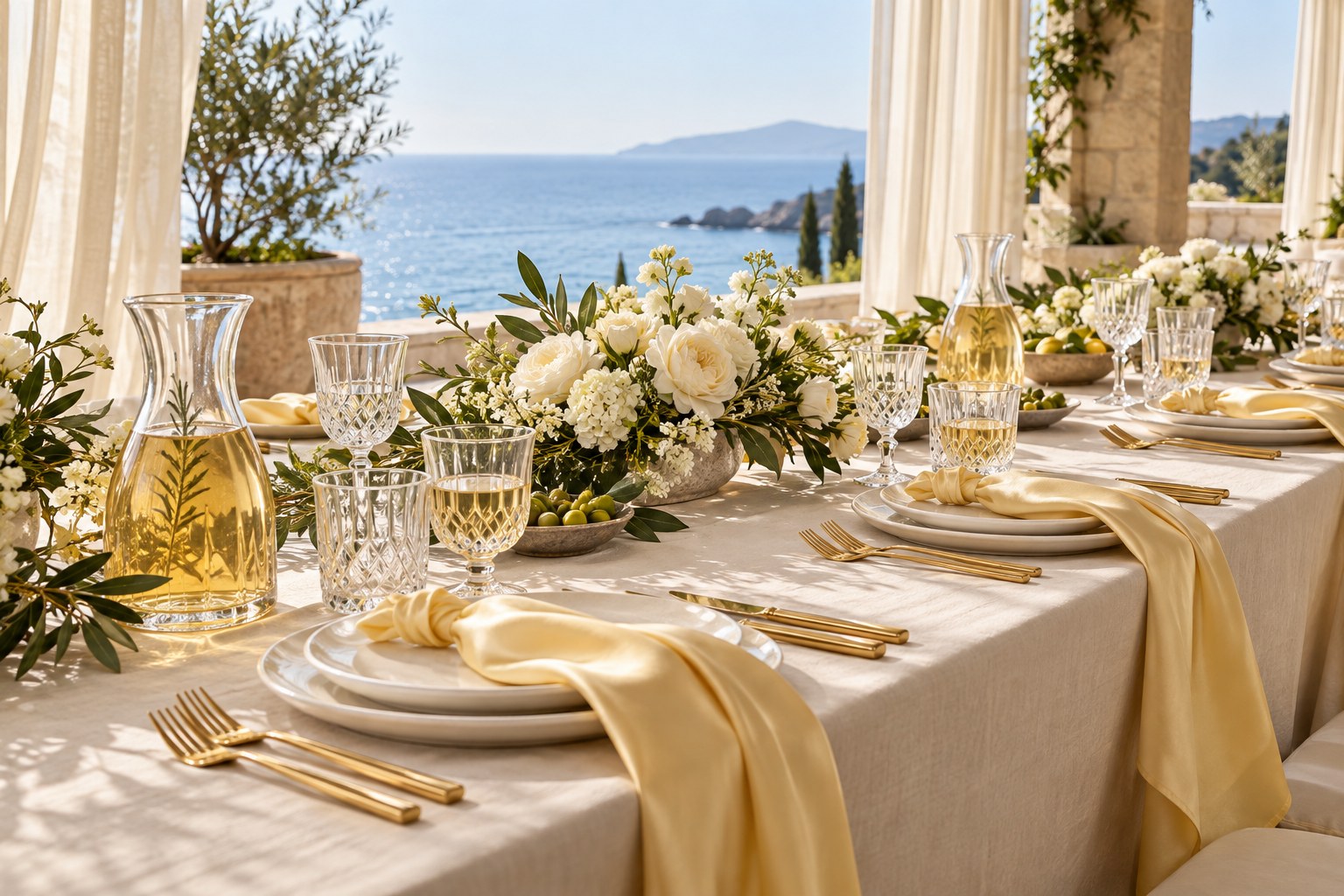 A beautifully prepared table with ivory linens, soft yellow napkins, crystal glasses, and flowers